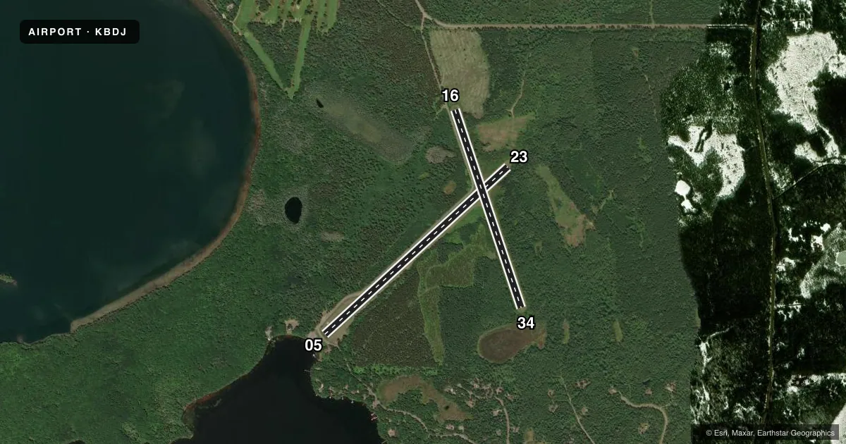 Top-down satellite sketch of KBDJ BOULDER JUNCTION PAYZER in BOULDER JUNCTION, WISCONSIN, showing runways 05/23, 16/34 drawn to scale over Esri World Imagery