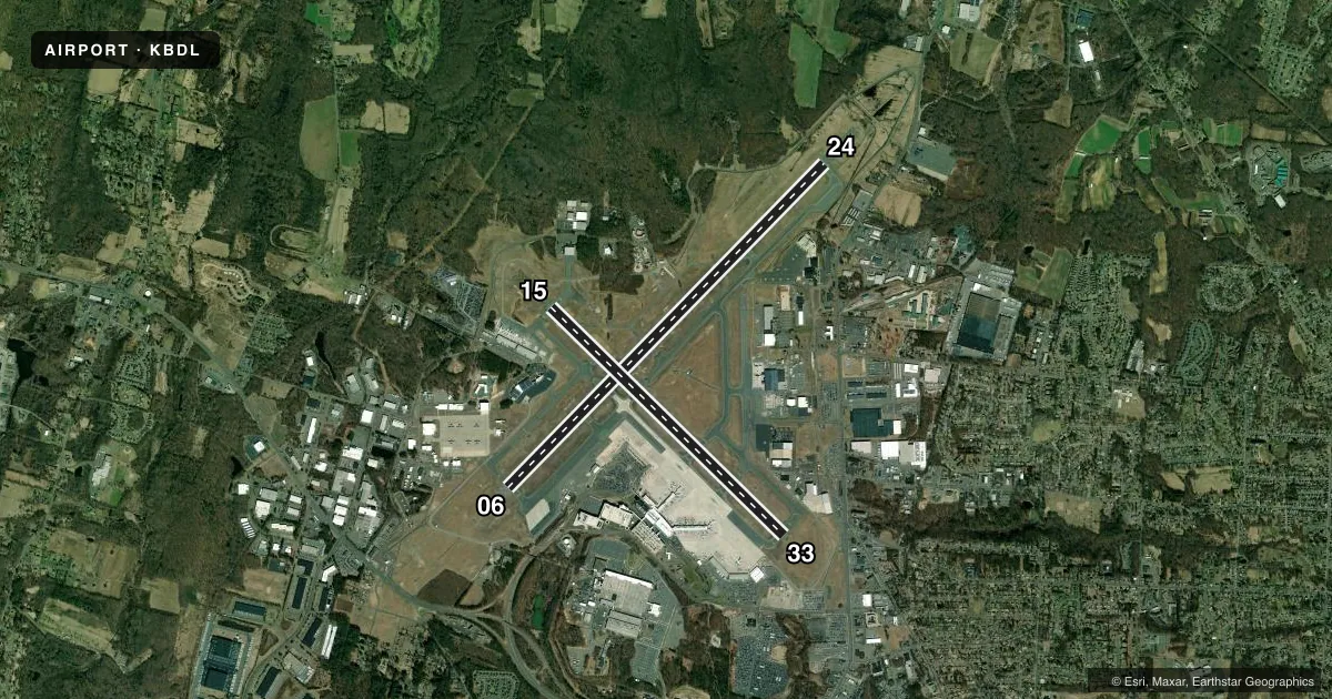 Top-down satellite sketch of KBDL BRADLEY INTL in WINDSOR LOCKS, CONNECTICUT, showing runways 06/24, 15/33 drawn to scale over Esri World Imagery