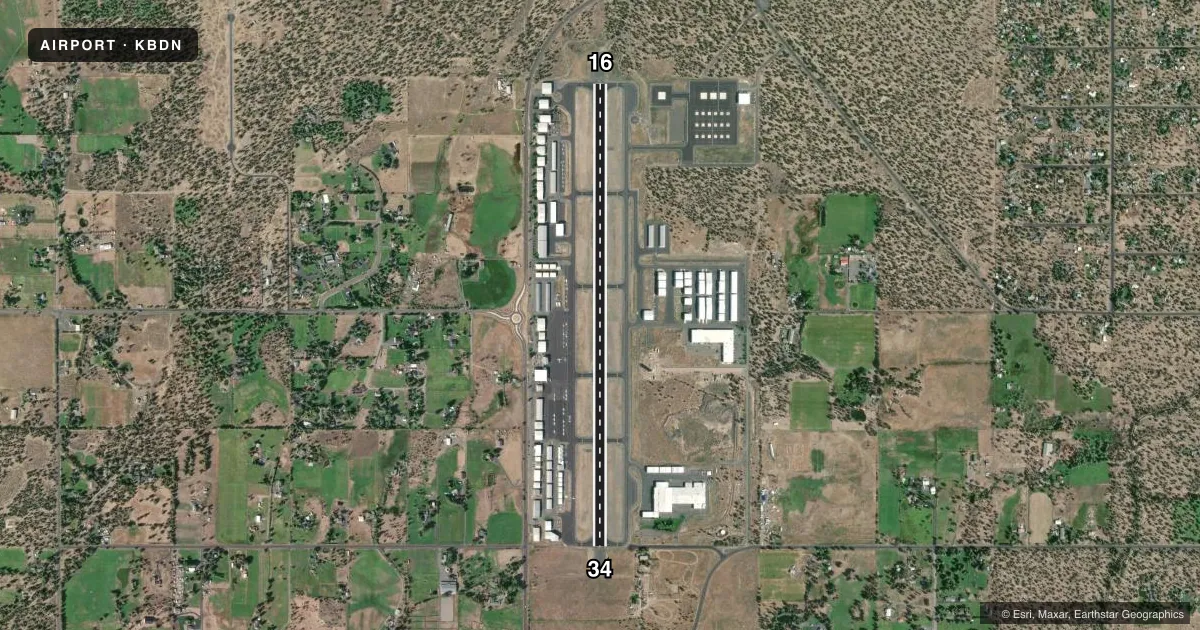 Top-down satellite sketch of KBDN BEND MUNI in BEND, OREGON, showing runways 16/34 drawn to scale over Esri World Imagery