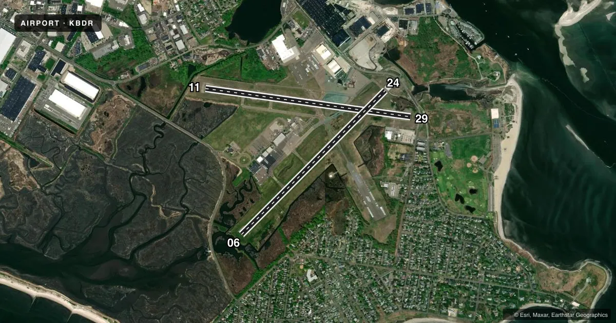 Top-down satellite sketch of KBDR BRIDGEPORT/SIKORSKY in BRIDGEPORT, CONNECTICUT, showing runways 11/29, 06/24 drawn to scale over Esri World Imagery