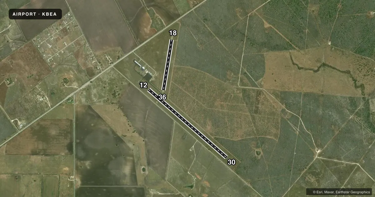 Top-down satellite sketch of KBEA BEEVILLE MUNI in BEEVILLE, TEXAS, showing runways 12/30, 18/36 drawn to scale over Esri World Imagery