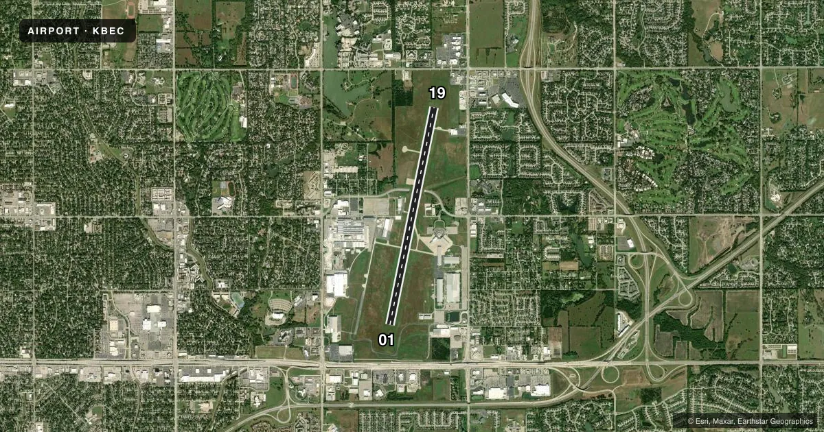 Top-down satellite sketch of KBEC BEECH FACTORY in WICHITA, KANSAS, showing runways 01/19 drawn to scale over Esri World Imagery