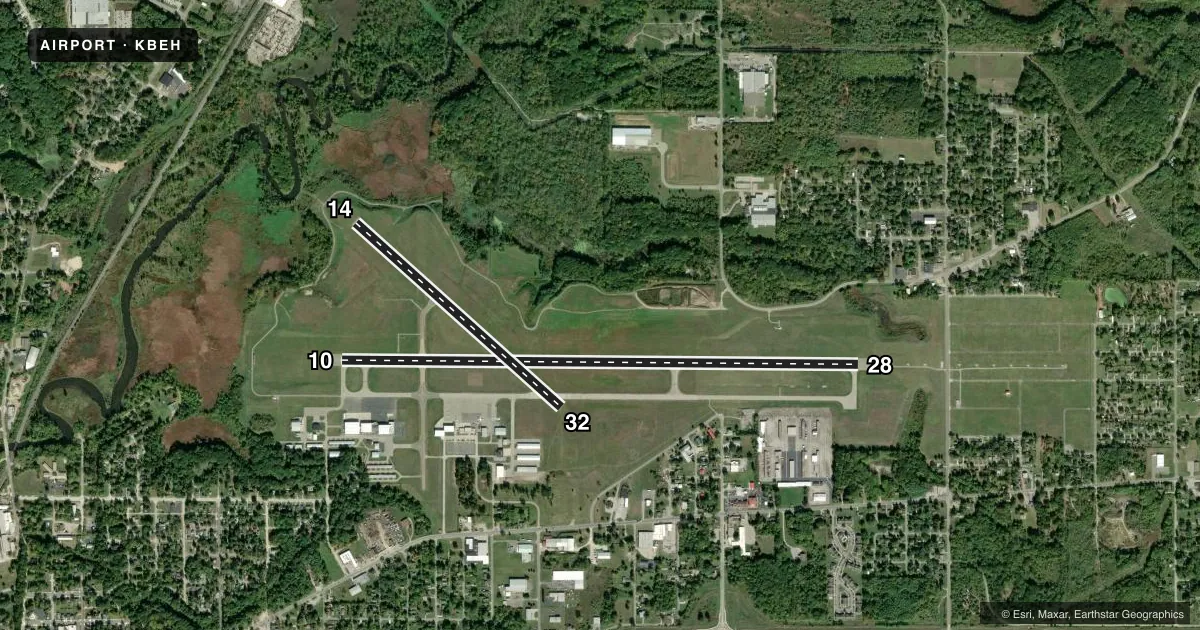 Top-down satellite sketch of KBEH SOUTHWEST MICHIGAN RGNL in BENTON HARBOR, MICHIGAN, showing runways 10/28, 14/32 drawn to scale over Esri World Imagery