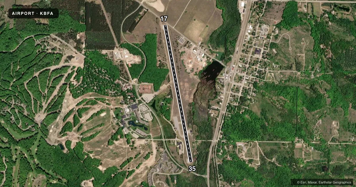 Top-down satellite sketch of KBFA BOYNE MOUNTAIN in BOYNE FALLS, MICHIGAN, showing runways 17/35 drawn to scale over Esri World Imagery