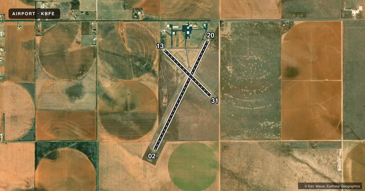 Top-down satellite sketch of KBFE TERRY COUNTY in BROWNFIELD, TEXAS, showing runways 02/20, 13/31 drawn to scale over Esri World Imagery