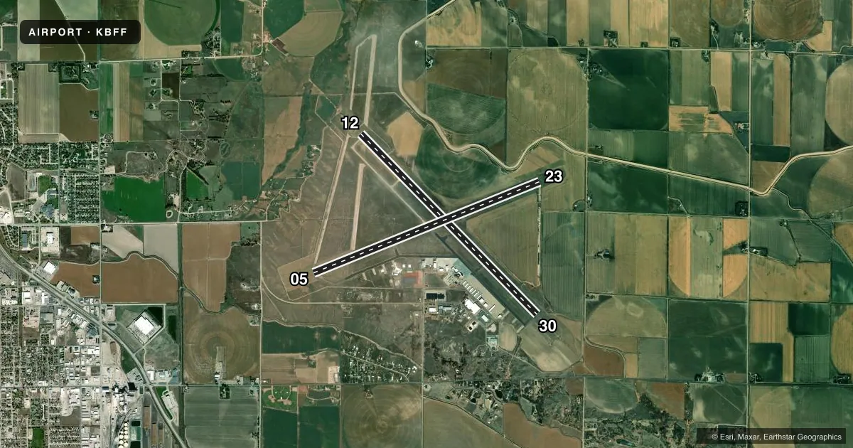 Top-down satellite sketch of KBFF SCOTTSBLUFF/WESTERN NEBRASKA RGNL/WM B HEILIG FLD in SCOTTSBLUFF, NEBRASKA, showing runways 12/30, 05/23 drawn to scale over Esri World Imagery