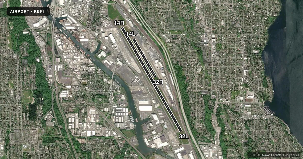 Top-down satellite sketch of KBFI BOEING FLD/KING COUNTY INTL in SEATTLE, WASHINGTON, showing runways 14R/32L, 14L/32R drawn to scale over Esri World Imagery