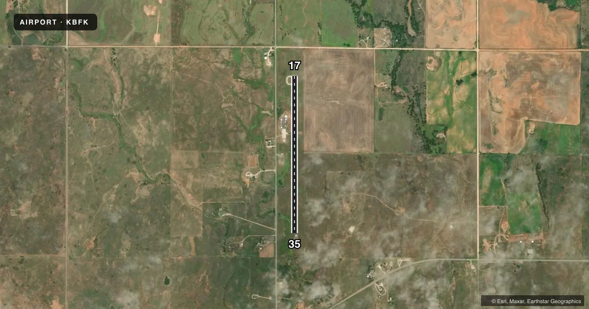Top-down satellite sketch of KBFK BUFFALO MUNI in BUFFALO, OKLAHOMA, showing runways 17/35 drawn to scale over Esri World Imagery