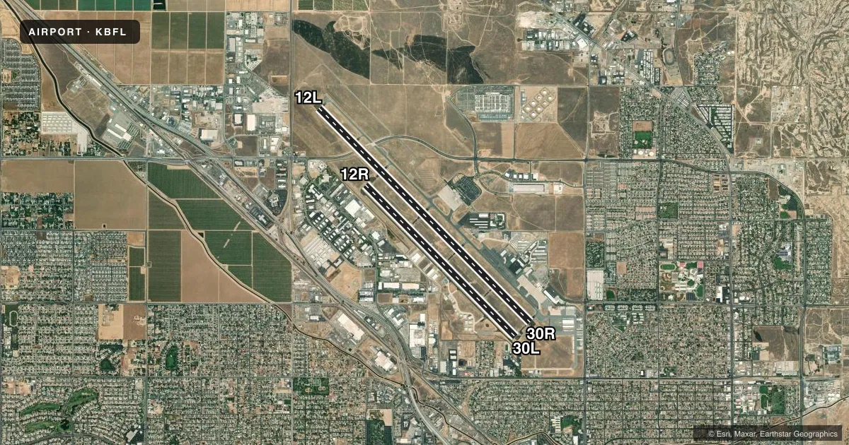 Top-down satellite sketch of KBFL MEADOWS FLD in BAKERSFIELD, CALIFORNIA, showing runways 12L/30R, 12R/30L drawn to scale over Esri World Imagery