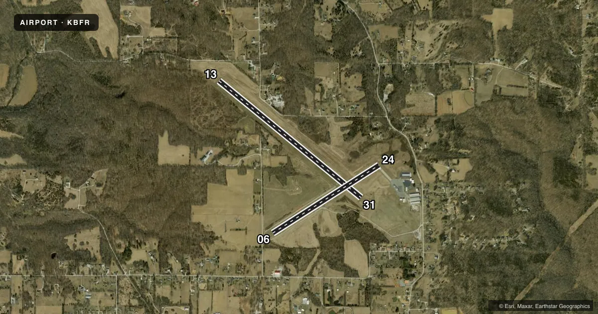 Top-down satellite sketch of KBFR VIRGIL I GRISSOM MUNI in BEDFORD, INDIANA, showing runways 13/31, 06/24 drawn to scale over Esri World Imagery