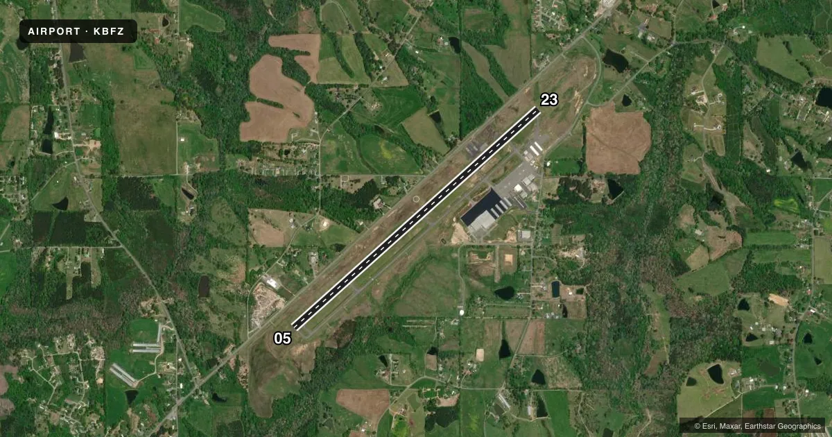 Top-down satellite sketch of KBFZ ALBERTVILLE RGNL/THOMAS J BRUMLIK FLD in ALBERTVILLE, ALABAMA, showing runways 05/23 drawn to scale over Esri World Imagery