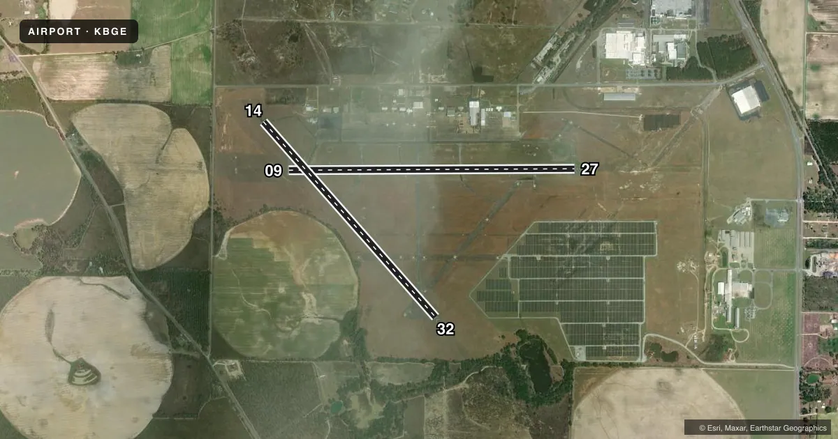 Top-down satellite sketch of KBGE DECATUR COUNTY INDUSTRIAL AIR PARK in BAINBRIDGE, GEORGIA, showing runways 09/27, 14/32 drawn to scale over Esri World Imagery