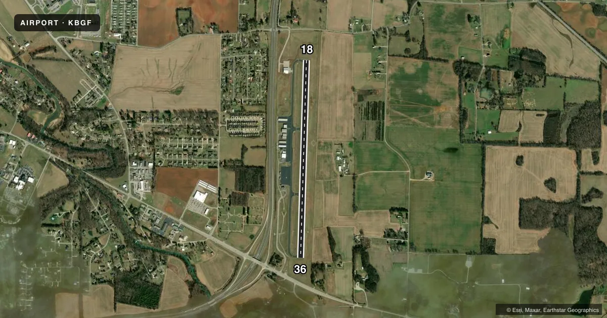 Top-down satellite sketch of KBGF WINCHESTER MUNI in WINCHESTER, TENNESSEE, showing runways 18/36 drawn to scale over Esri World Imagery