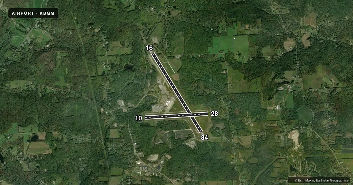 Top-down satellite sketch of KBGM GREATER BINGHAMTON/EDWIN A LINK FLD in BINGHAMTON, NEW YORK, showing runways 16/34, 10/28 drawn to scale over Esri World Imagery