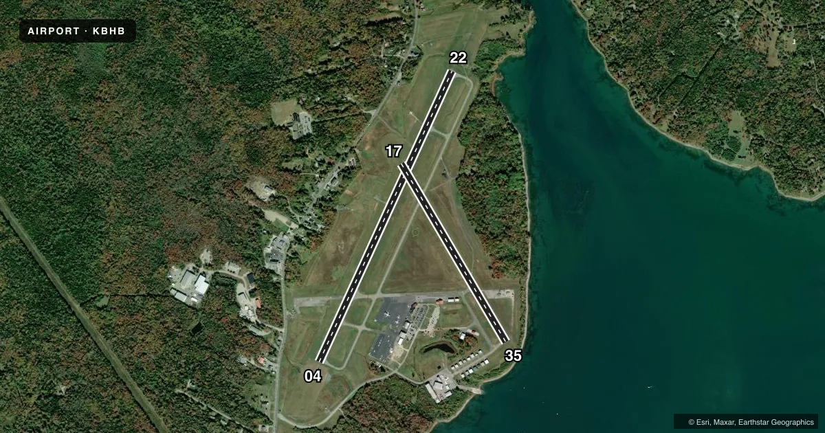 Top-down satellite sketch of KBHB HANCOCK COUNTY/BAR HARBOR in BAR HARBOR, MAINE, showing runways 04/22, 17/35 drawn to scale over Esri World Imagery