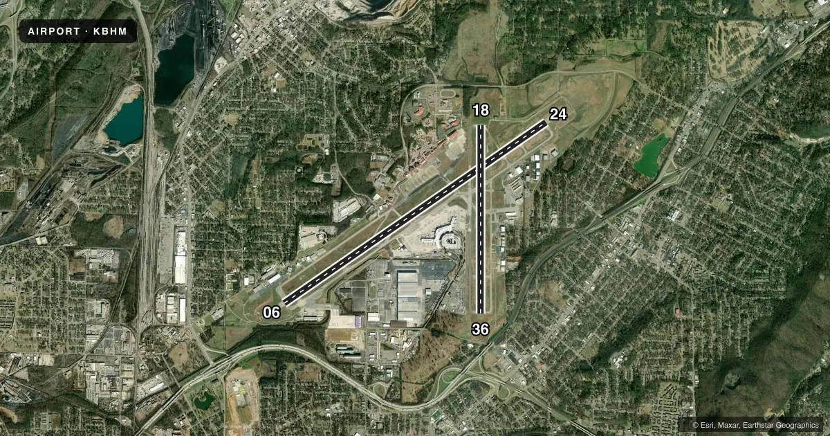 Top-down satellite sketch of KBHM BIRMINGHAM-SHUTTLESWORTH INTL in BIRMINGHAM, ALABAMA, showing runways 06/24, 18/36 drawn to scale over Esri World Imagery