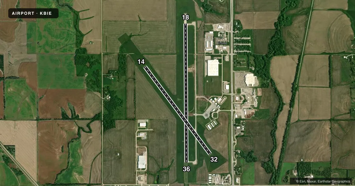 Top-down satellite sketch of KBIE BEATRICE MUNI in BEATRICE, NEBRASKA, showing runways 18/36, 14/32 drawn to scale over Esri World Imagery