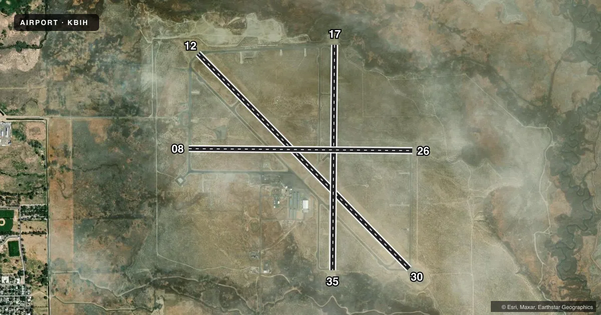 Top-down satellite sketch of KBIH BISHOP in BISHOP, CALIFORNIA, showing runways 12/30, 17/35, 08/26 drawn to scale over Esri World Imagery