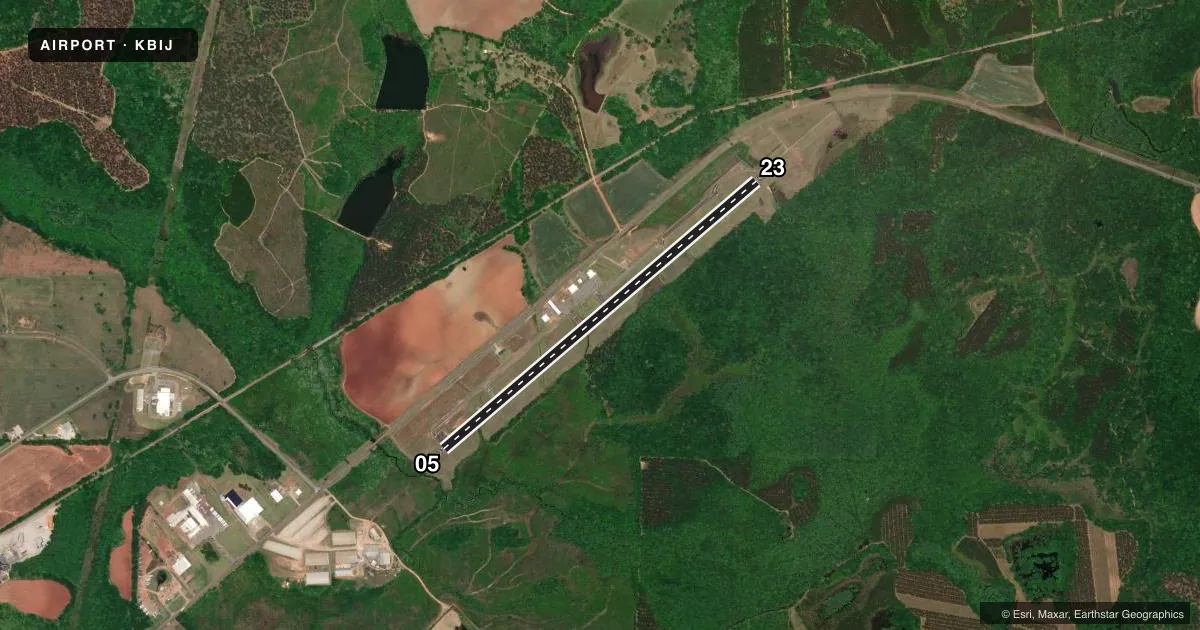 Top-down satellite sketch of KBIJ EARLY COUNTY in BLAKELY, GEORGIA, showing runways 05/23 drawn to scale over Esri World Imagery