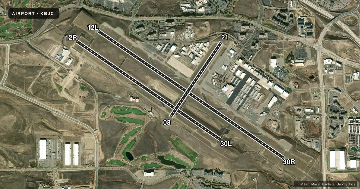 Top-down satellite sketch of KBJC ROCKY MOUNTAIN METRO in DENVER, COLORADO, showing runways 12L/30R, 12R/30L, 03/21 drawn to scale over Esri World Imagery