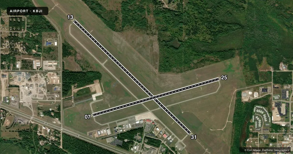 Top-down satellite sketch of KBJI BEMIDJI RGNL in BEMIDJI, MINNESOTA, showing runways 13/31, 07/25 drawn to scale over Esri World Imagery