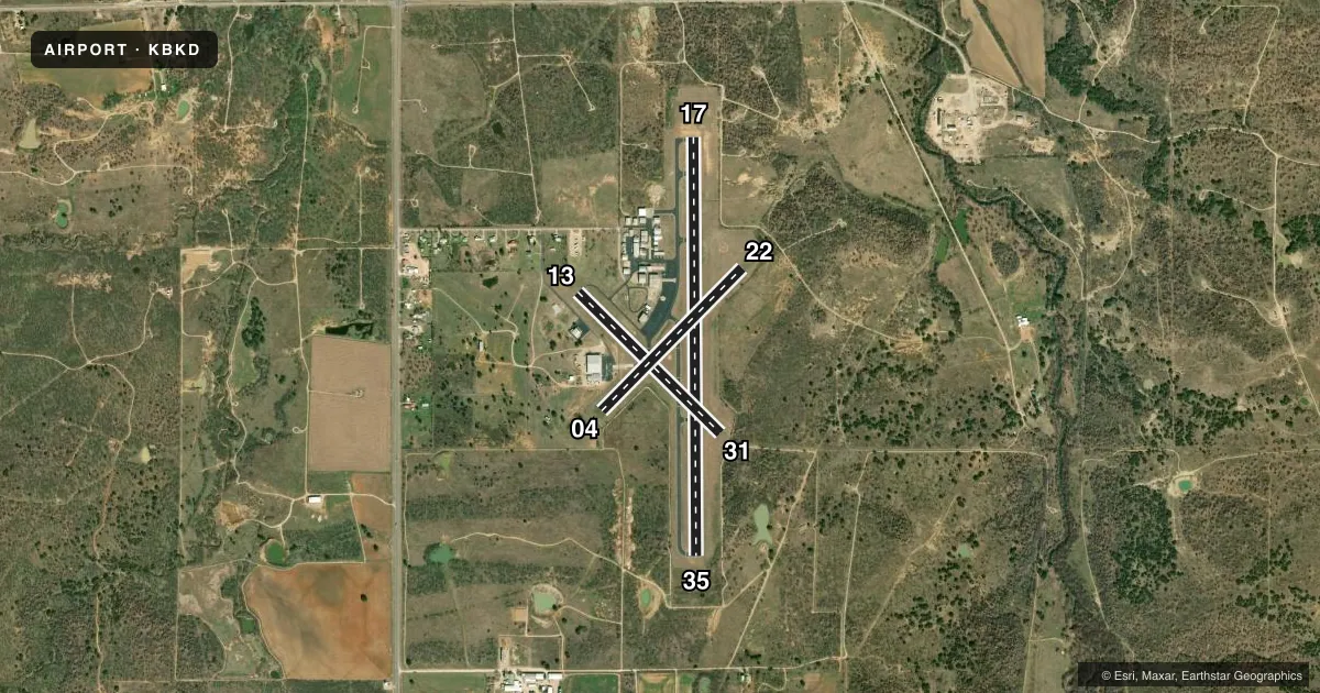 Top-down satellite sketch of KBKD STEPHENS COUNTY in BRECKENRIDGE, TEXAS, showing runways 17/35, 13/31, 04/22 drawn to scale over Esri World Imagery