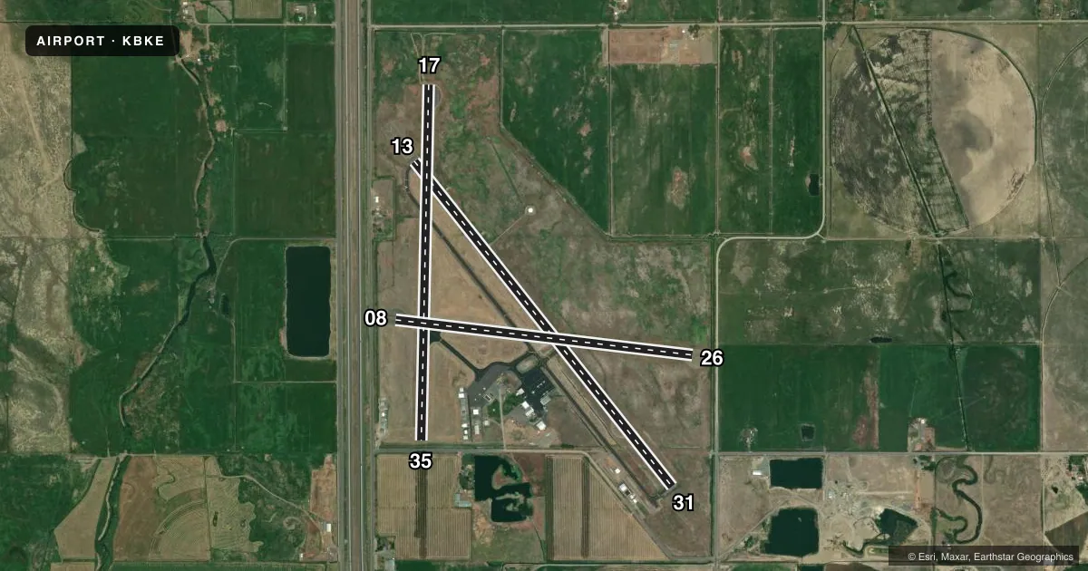 Top-down satellite sketch of KBKE BAKER CITY MUNI in BAKER CITY, OREGON, showing runways 13/31, 17/35, 08/26 drawn to scale over Esri World Imagery