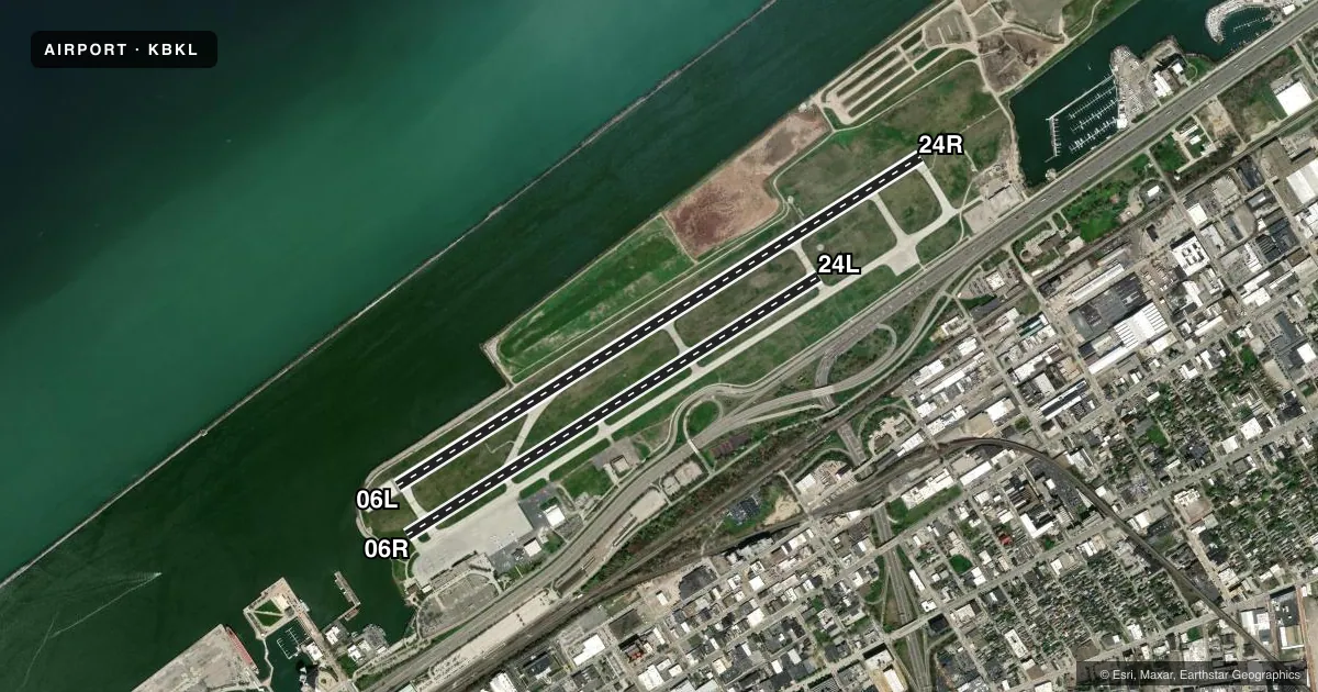 Top-down satellite sketch of KBKL BURKE LAKEFRONT in CLEVELAND, OHIO, showing runways 06L/24R, 06R/24L drawn to scale over Esri World Imagery