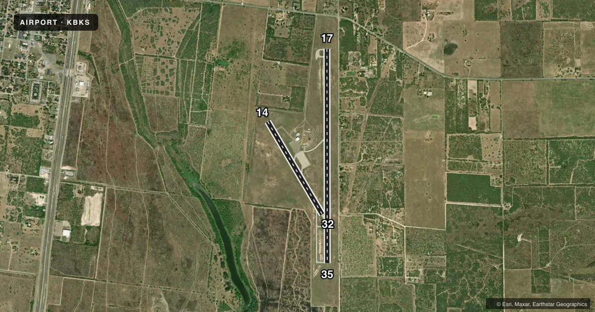 Top-down satellite sketch of KBKS BROOKS COUNTY in FALFURRIAS, TEXAS, showing runways 17/35, 14/32 drawn to scale over Esri World Imagery