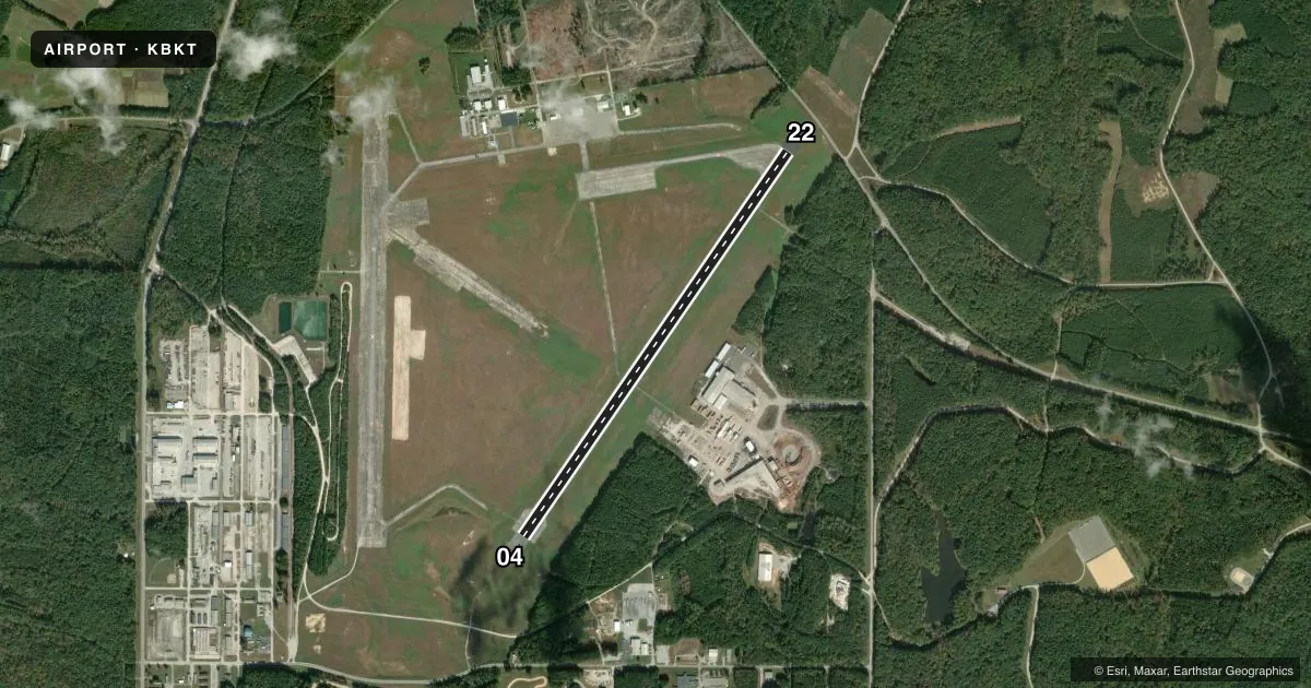 Top-down satellite sketch of KBKT ALLAN C PERKINSON/BLACKSTONE AAF in BLACKSTONE, VIRGINIA, showing runways 04/22 drawn to scale over Esri World Imagery