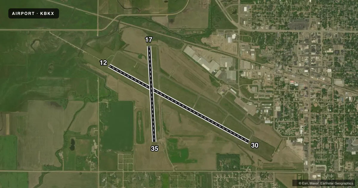 Top-down satellite sketch of KBKX BROOKINGS RGNL in BROOKINGS, SOUTH DAKOTA, showing runways 12/30, 17/35 drawn to scale over Esri World Imagery