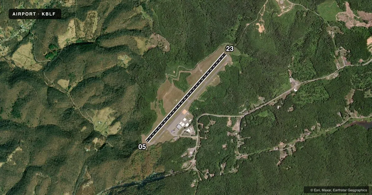 Top-down satellite sketch of KBLF MERCER COUNTY in BLUEFIELD, WEST VIRGINIA, showing runways 05/23 drawn to scale over Esri World Imagery