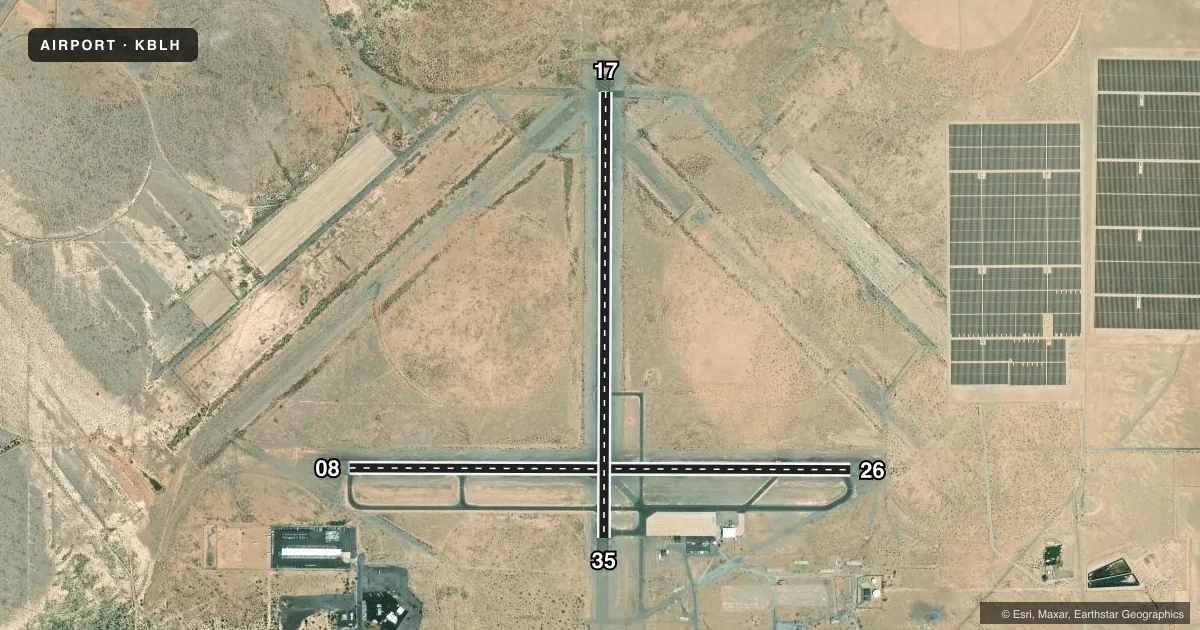 Top-down satellite sketch of KBLH BLYTHE in BLYTHE, CALIFORNIA, showing runways 08/26, 17/35 drawn to scale over Esri World Imagery