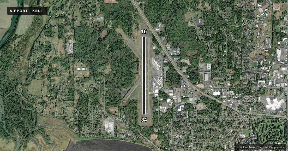 Top-down satellite sketch of KBLI BELLINGHAM INTL in BELLINGHAM, WASHINGTON, showing runways 16/34 drawn to scale over Esri World Imagery