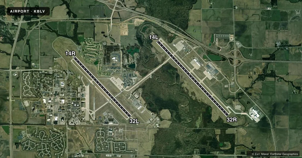 Top-down satellite sketch of KBLV SCOTT AFB/MIDAMERICA ST LOUIS in BELLEVILLE, ILLINOIS, showing runways 14L/32R, 14R/32L drawn to scale over Esri World Imagery