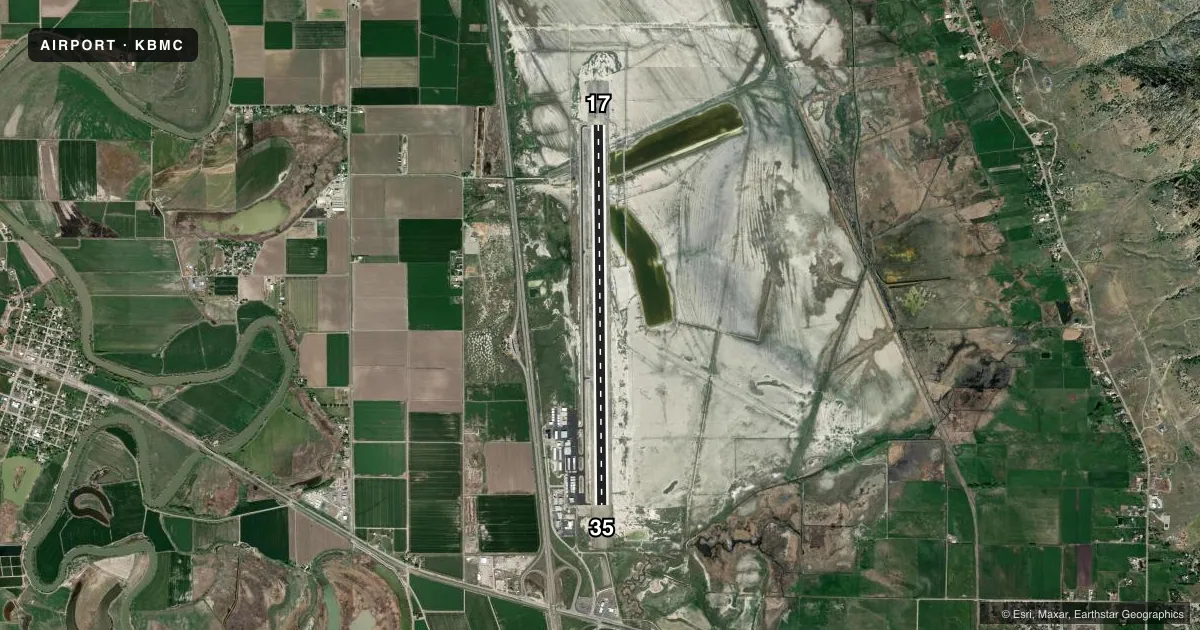 Top-down satellite sketch of KBMC BRIGHAM CITY RGNL in BRIGHAM CITY, UTAH, showing runways 17/35 drawn to scale over Esri World Imagery