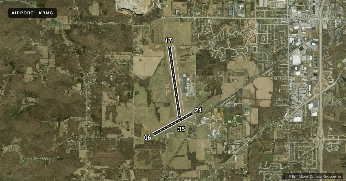 Top-down satellite sketch of KBMG MONROE COUNTY in BLOOMINGTON, INDIANA, showing runways 17/35, 06/24 drawn to scale over Esri World Imagery