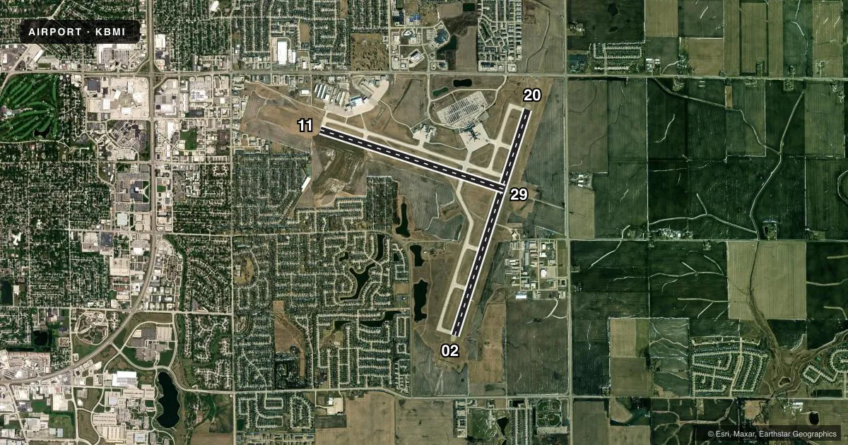 Top-down satellite sketch of KBMI CENTRAL IL RGNL/BLOOMINGTON-NORMAL in BLOOMINGTON/NORMAL, ILLINOIS, showing runways 02/20, 11/29 drawn to scale over Esri World Imagery