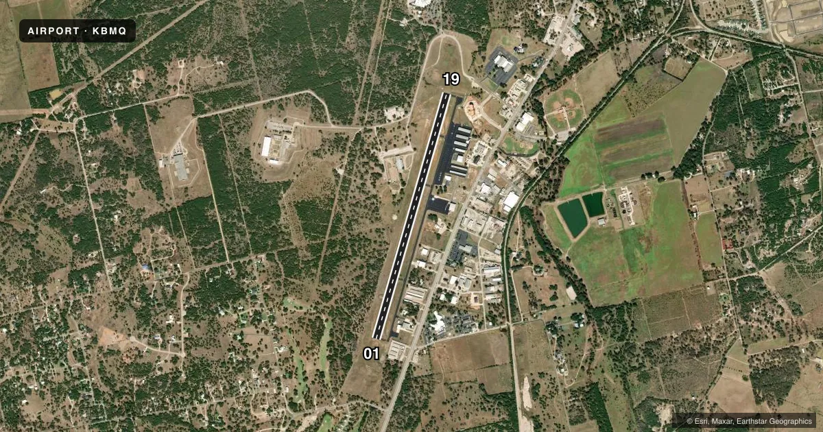 Top-down satellite sketch of KBMQ BURNET MUNI/KATE CRADDOCK FLD in BURNET, TEXAS, showing runways 01/19 drawn to scale over Esri World Imagery