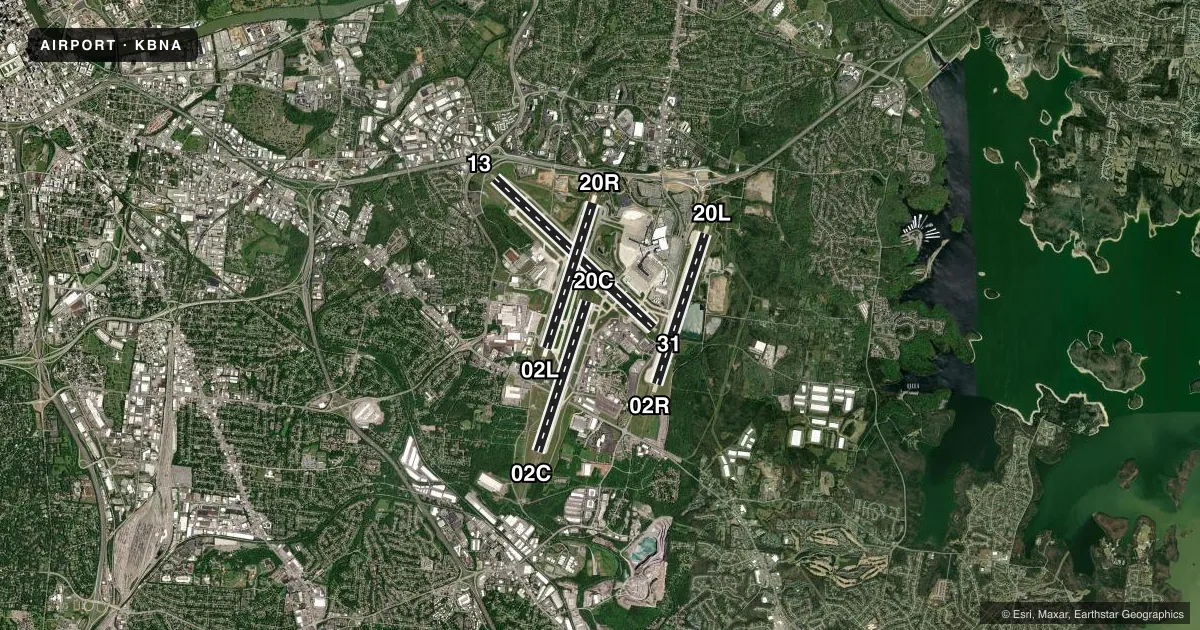 Top-down satellite sketch of KBNA NASHVILLE INTL in NASHVILLE, TENNESSEE, showing runways 13/31, 02C/20C, 02R/20L, 02L/20R drawn to scale over Esri World Imagery