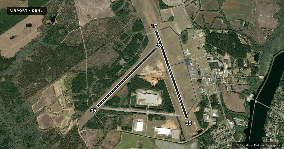 Top-down satellite sketch of KBNL BARNWELL RGNL in BARNWELL, SOUTH CAROLINA, showing runways 17/35, 05/23 drawn to scale over Esri World Imagery