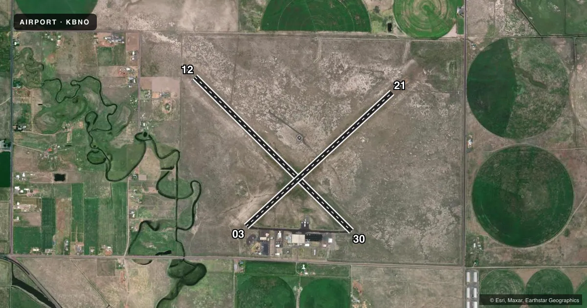 Top-down satellite sketch of KBNO BURNS MUNI in BURNS, OREGON, showing runways 12/30, 03/21 drawn to scale over Esri World Imagery