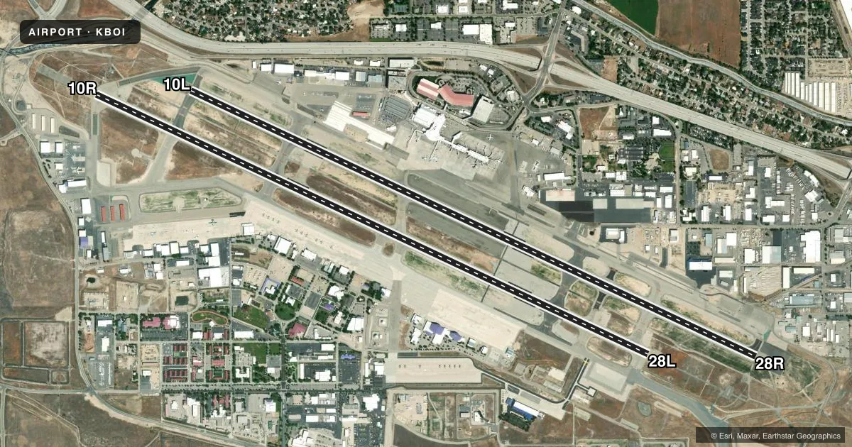 Top-down satellite sketch of KBOI BOISE AIR TRML/GOWEN FLD in BOISE, IDAHO, showing runways 10L/28R, 10R/28L drawn to scale over Esri World Imagery