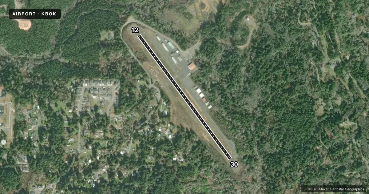 Top-down satellite sketch of KBOK BROOKINGS in BROOKINGS, OREGON, showing runways 12/30 drawn to scale over Esri World Imagery