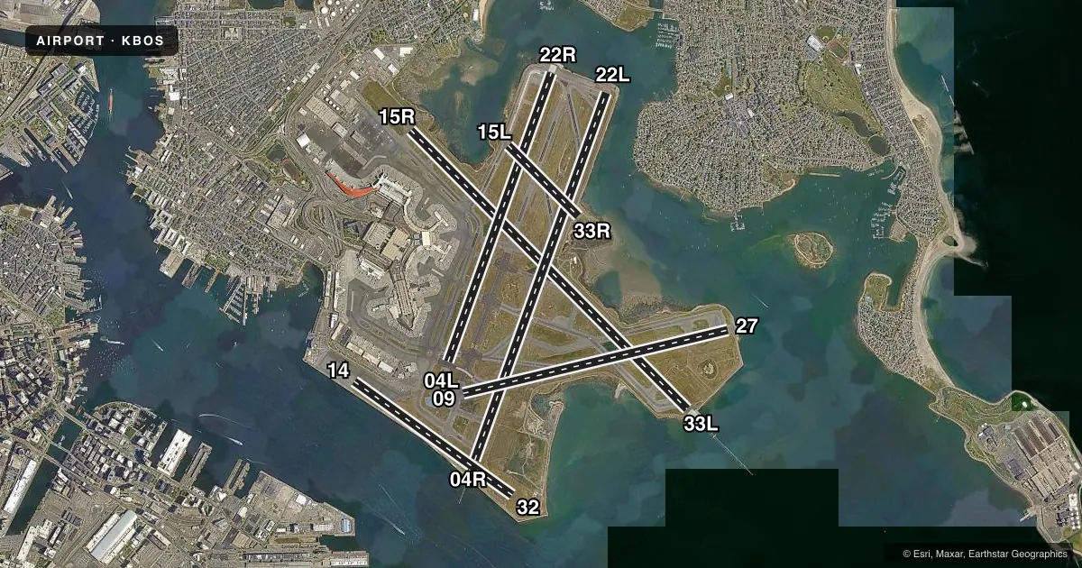 Top-down satellite sketch of KBOS GENERAL EDWARD LAWRENCE LOGAN INTL in BOSTON, MASSACHUSETTS, showing runways 15R/33L, 04R/22L, 04L/22R, 09/27, 14/32, 15L/33R drawn to scale over Esri World Imagery