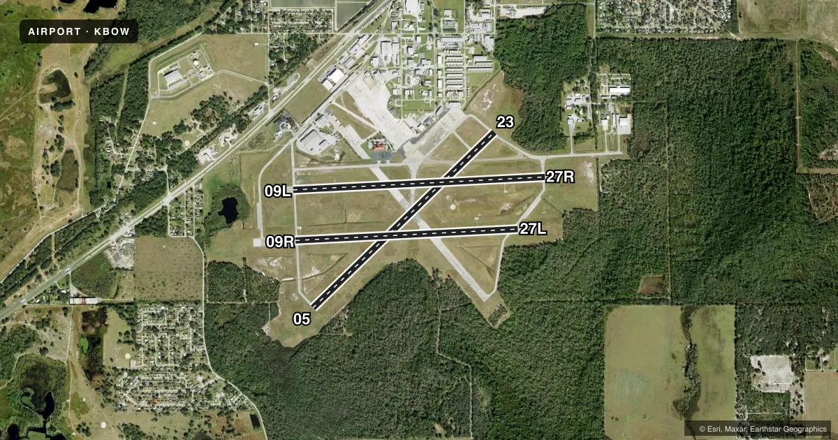 Top-down satellite sketch of KBOW BARTOW EXEC in BARTOW, FLORIDA, showing runways 05/23, 09L/27R, 09R/27L drawn to scale over Esri World Imagery