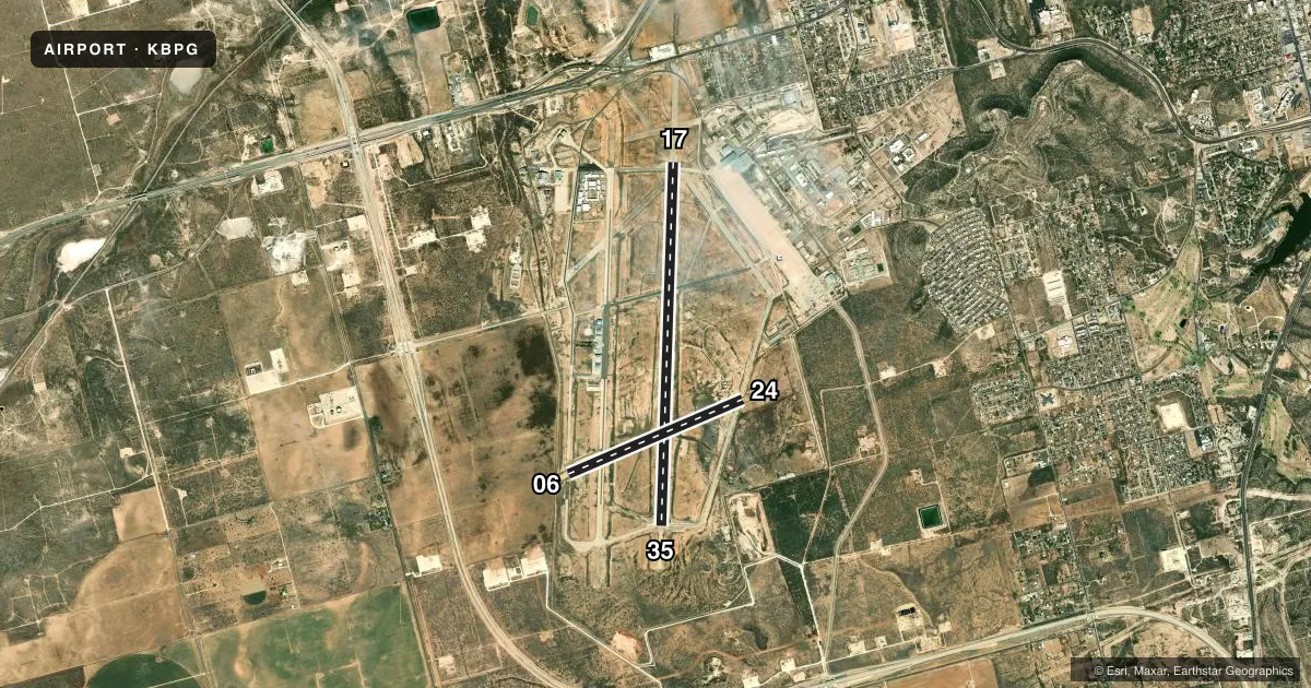 Top-down satellite sketch of KBPG BIG SPRING/MC MAHON-WRINKLE in BIG SPRING, TEXAS, showing runways 17/35, 06/24 drawn to scale over Esri World Imagery