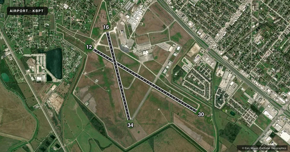 Top-down satellite sketch of KBPT JACK BROOKS RGNL in BEAUMONT/PORT ARTHUR, TEXAS, showing runways 12/30, 16/34 drawn to scale over Esri World Imagery