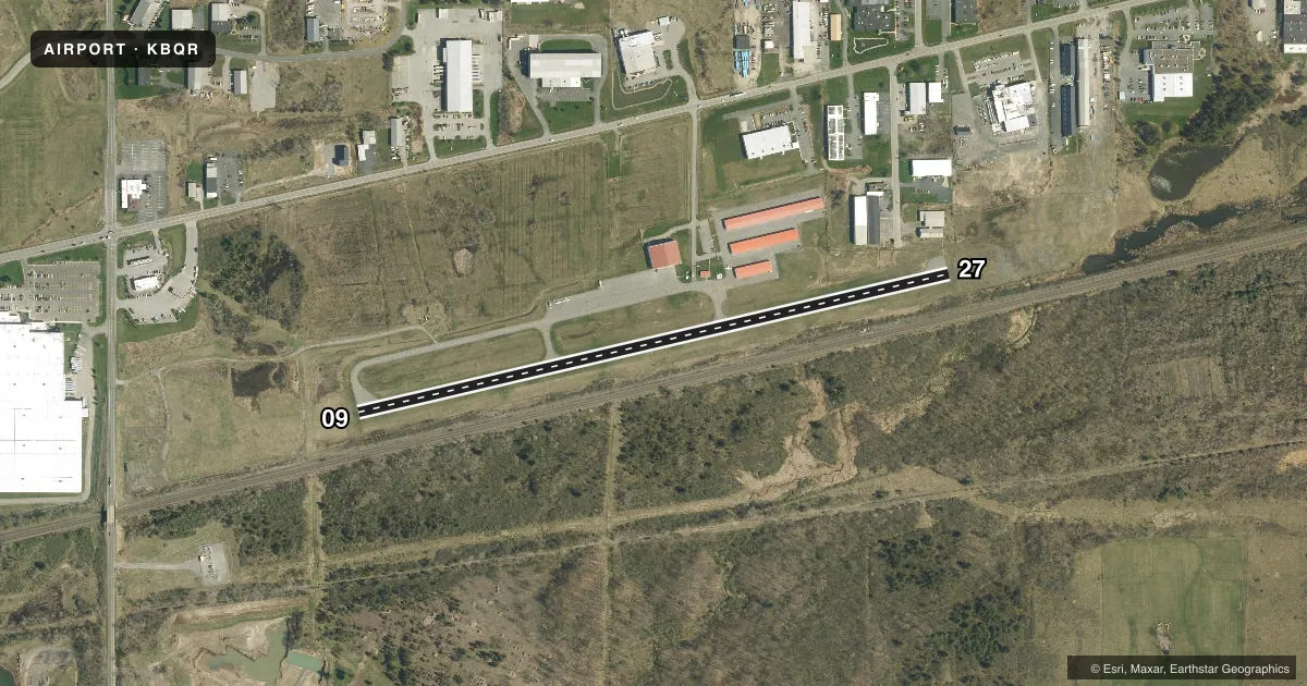 Top-down satellite sketch of KBQR BUFFALO-LANCASTER RGNL in BUFFALO, NEW YORK, showing runways 09/27 drawn to scale over Esri World Imagery