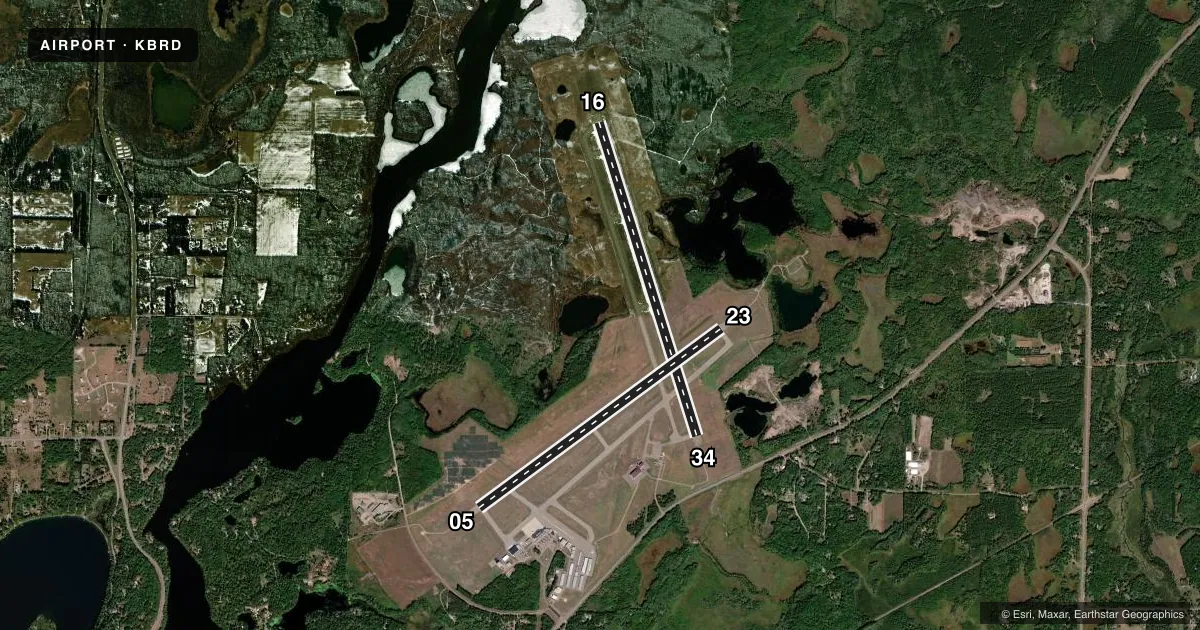 Top-down satellite sketch of KBRD BRAINERD LAKES RGNL in BRAINERD, MINNESOTA, showing runways 16/34, 05/23 drawn to scale over Esri World Imagery
